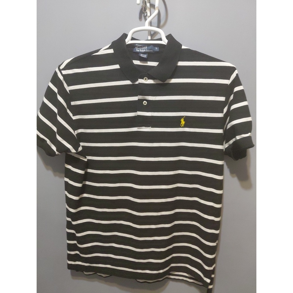 Polo Ralph Lauren Men's Large Black White Striped Regular Fit Polo Shirt